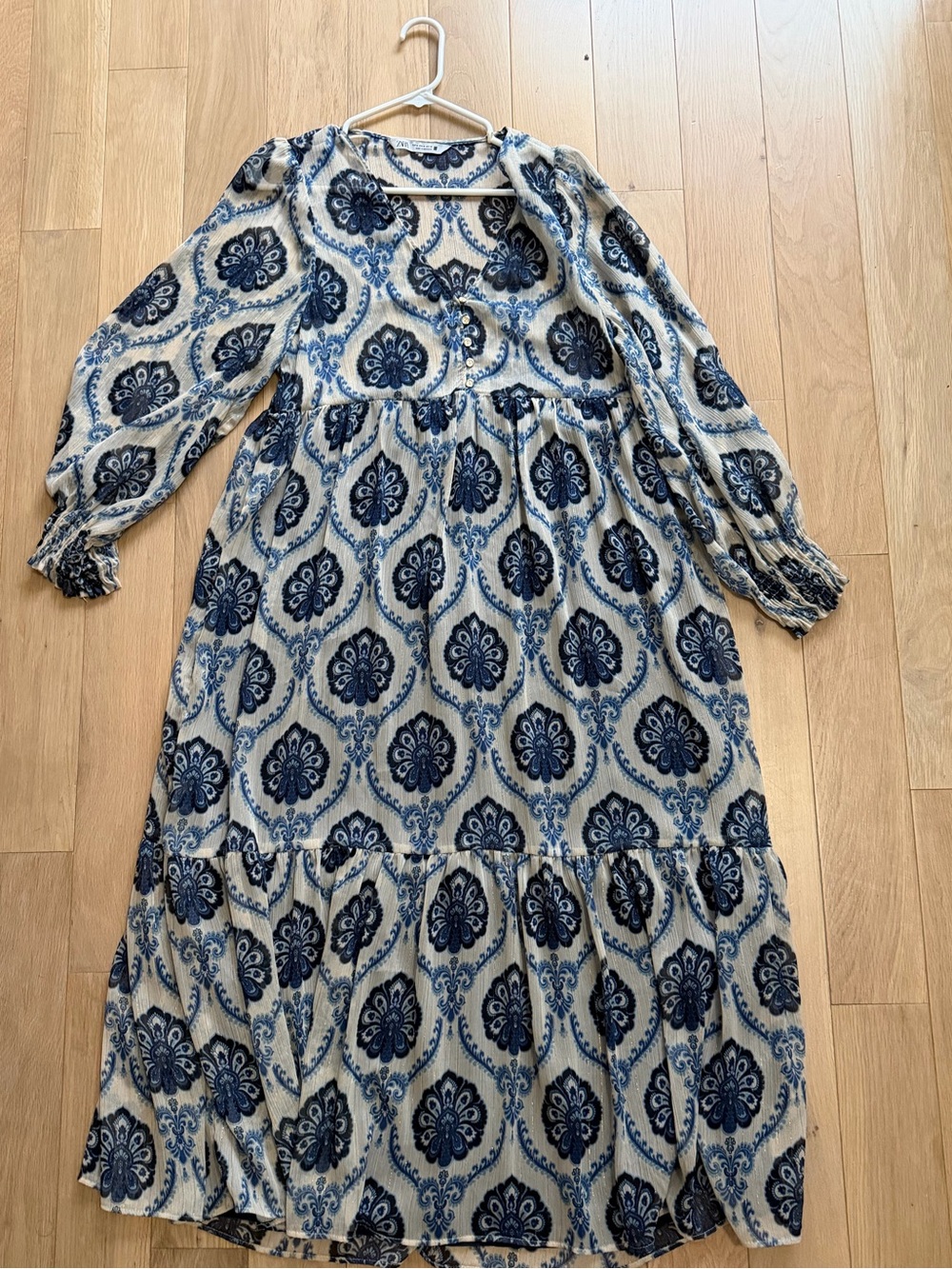 Zara Blue and White Paisley Sheer Maxi Dress